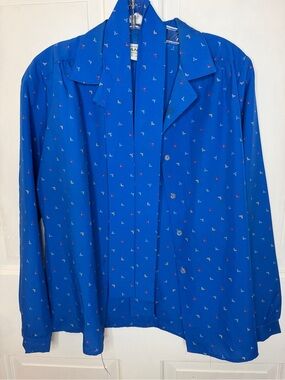 Vintage Kanga Women's 12 Blue Geometric Collared Button-Up Long Sleeve Blouse